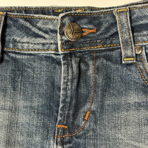 Vigoss Collection Denim Mini Skirt Dark Wash 3/4 27 Juniors Raw Hem Distressed - Picture 2 of 9